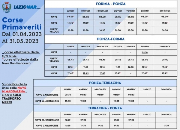 ORARI LAZIOMAR DAL 01.04.2023 PONZA - FORMIA E PONZA - TERRACINA