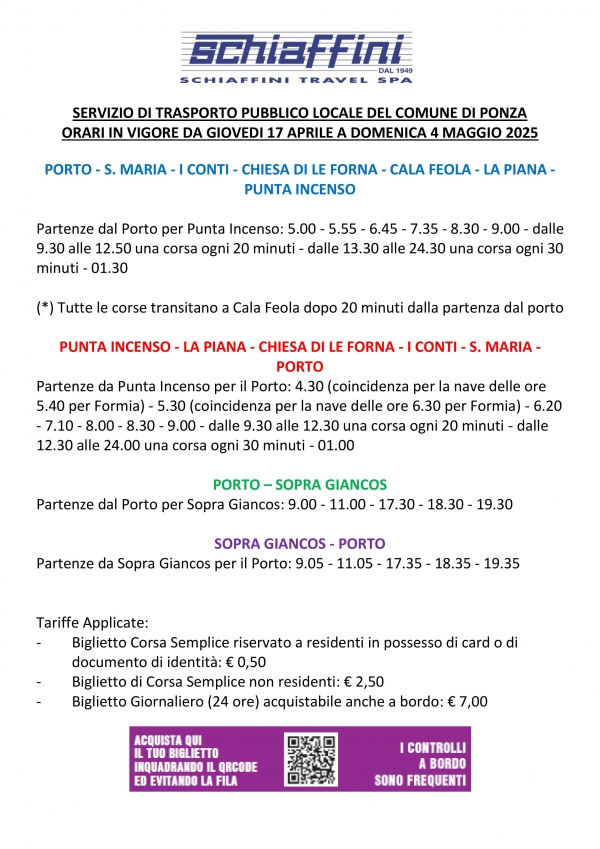 T.P.L. SCHIAFFINI TRAVEL ( ORARI DAL 17 APRILE AL 4 MAGGIO )