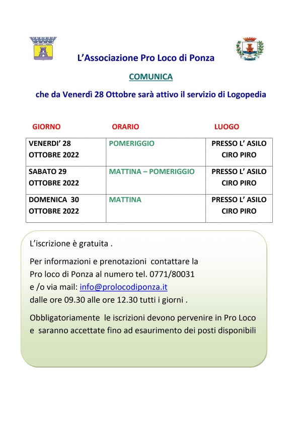 DAL 28 OTTOBRE SARA&#039; ATTIVO IL SERVIZIO DI LOGOPEDIA