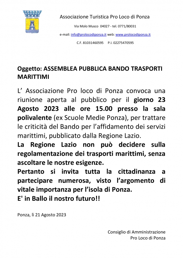 ASSEMBLEA PUBBLICA BANDO TRASPORTI MARITTIMI